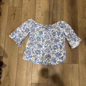 Jude Connally Demi top  off the shoulder Blue and White ruffle sleeve